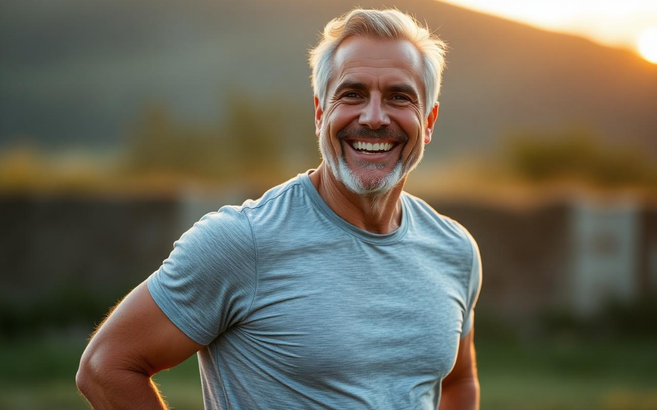 Man in his 50s smiling with restored energy and vitality outdoors